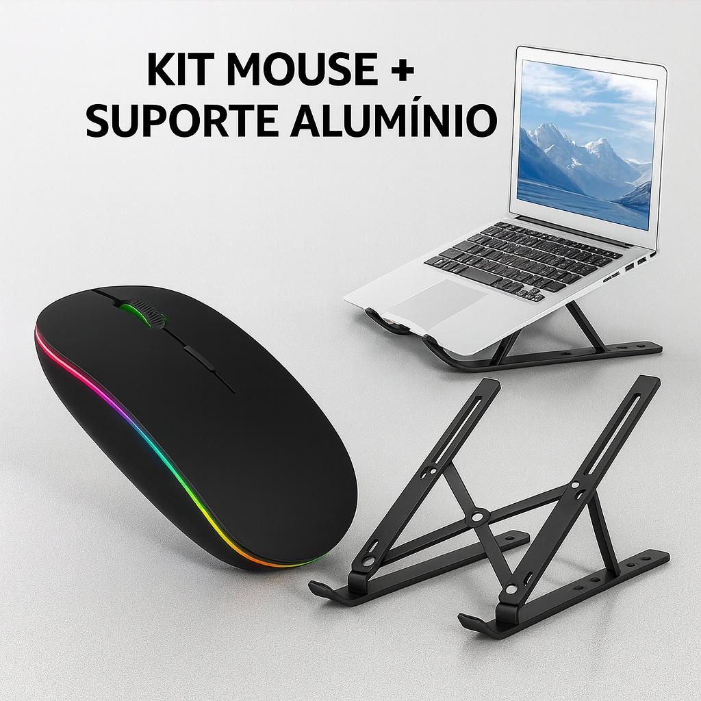 Kit Mouse Sem Fio LED Recarregável + Suporte Notebook e Table Alumínio ...