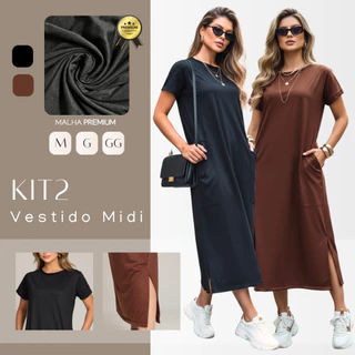 Kit C/ 2 Vestidos Midi Gola Redonda Manga Curta Fenda Lateral e Bolso Externo M ao GG Natal Ano Novo
