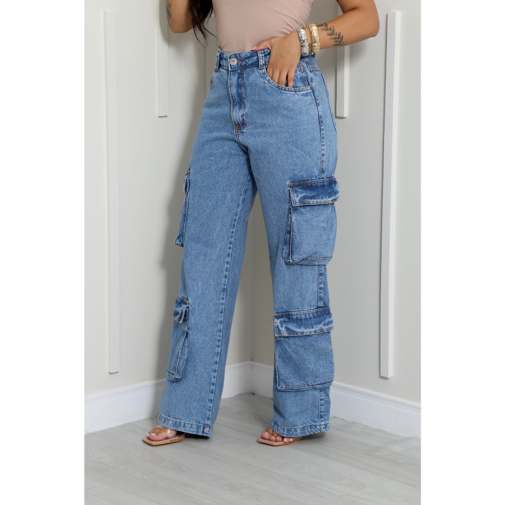 Calça Jeans Wide Leg Cargo 4 Bolsos | Shopee Brasil