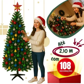 Kit Árvore de Natal Completa Pisca LED Enfeites Decorada 210cm 180cm 150cm 120cm 2,10 1,80 1,50 1,20