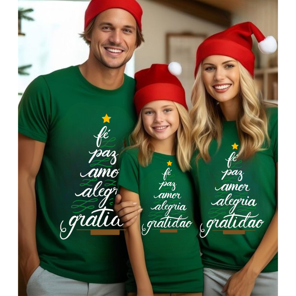 Camisetas Família Natal100% Algodão Premium Monte Seu Kit Família Fé Gratidão Cores Vermelha e Verde Árvore de Natal