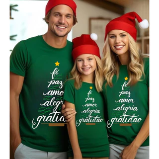 Camisetas Família Natal100% Algodão Premium Monte Seu Kit Família Fé Gratidão Cores Vermelha e Verde Árvore de Natal