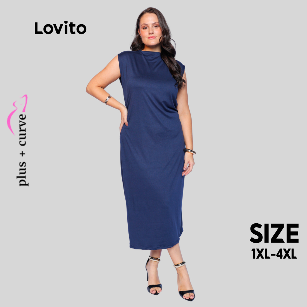 Lovito Vestido Midi Azul Elegante Liso Plus Size Feminino LB1044BRL1074