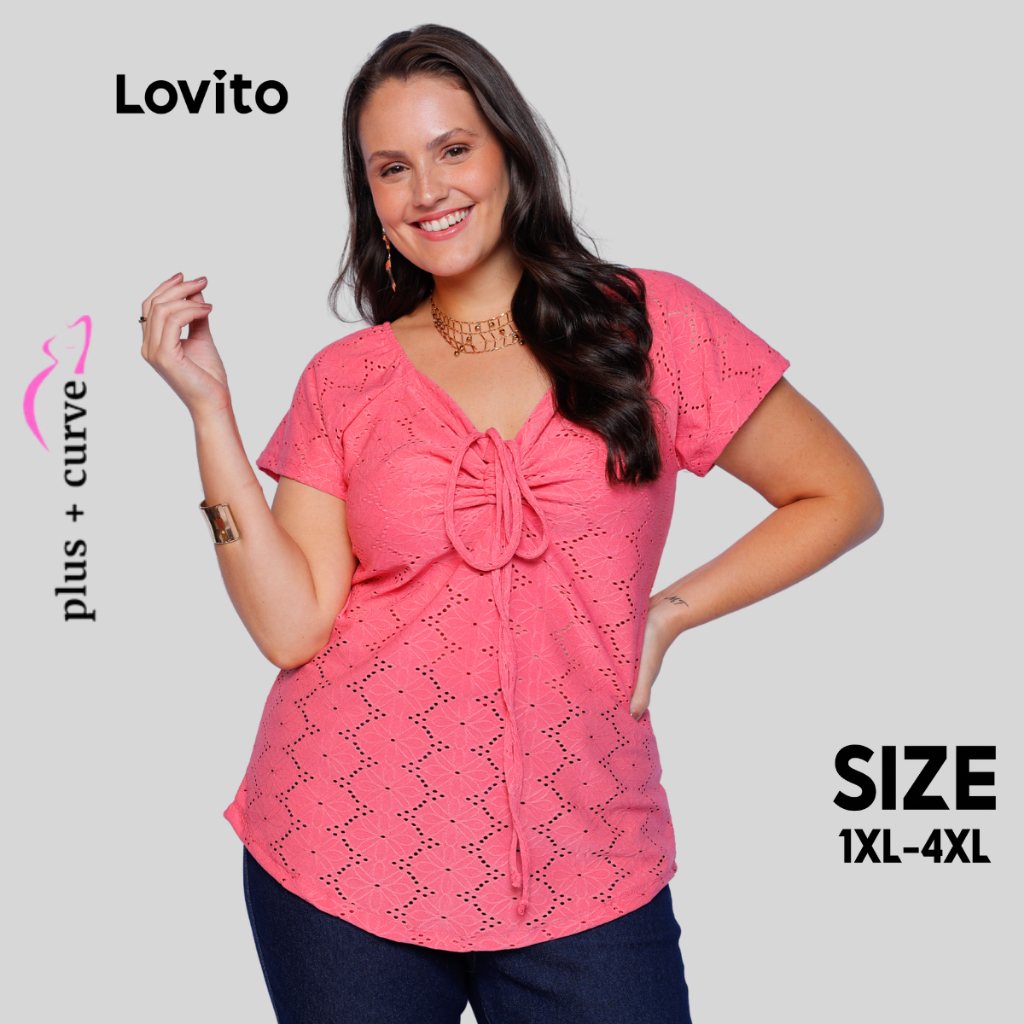 Lovito Blusa Plus Size Manga Curta Amarracao Feminina LB1037BRL1067
