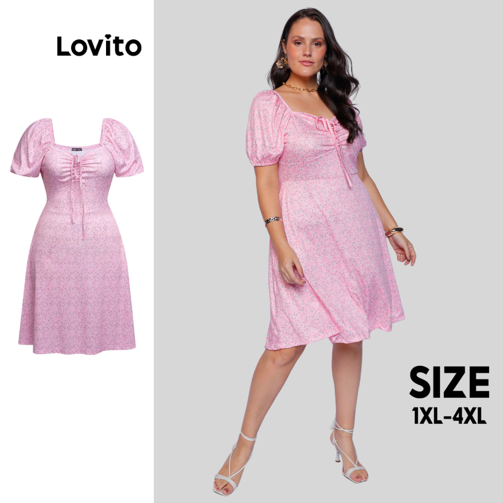 Lovito Vestido Plus Size Curto Floral Com Amarração Fofo Feminino LB774BRL804