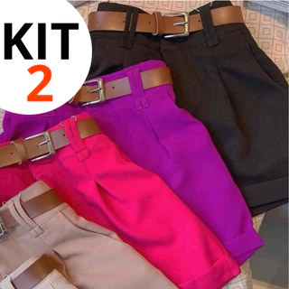 Kit 2 Short Feminino Alfaiataria Cintura Alta Social com Cinto PROMOÇÃO do P ao GG