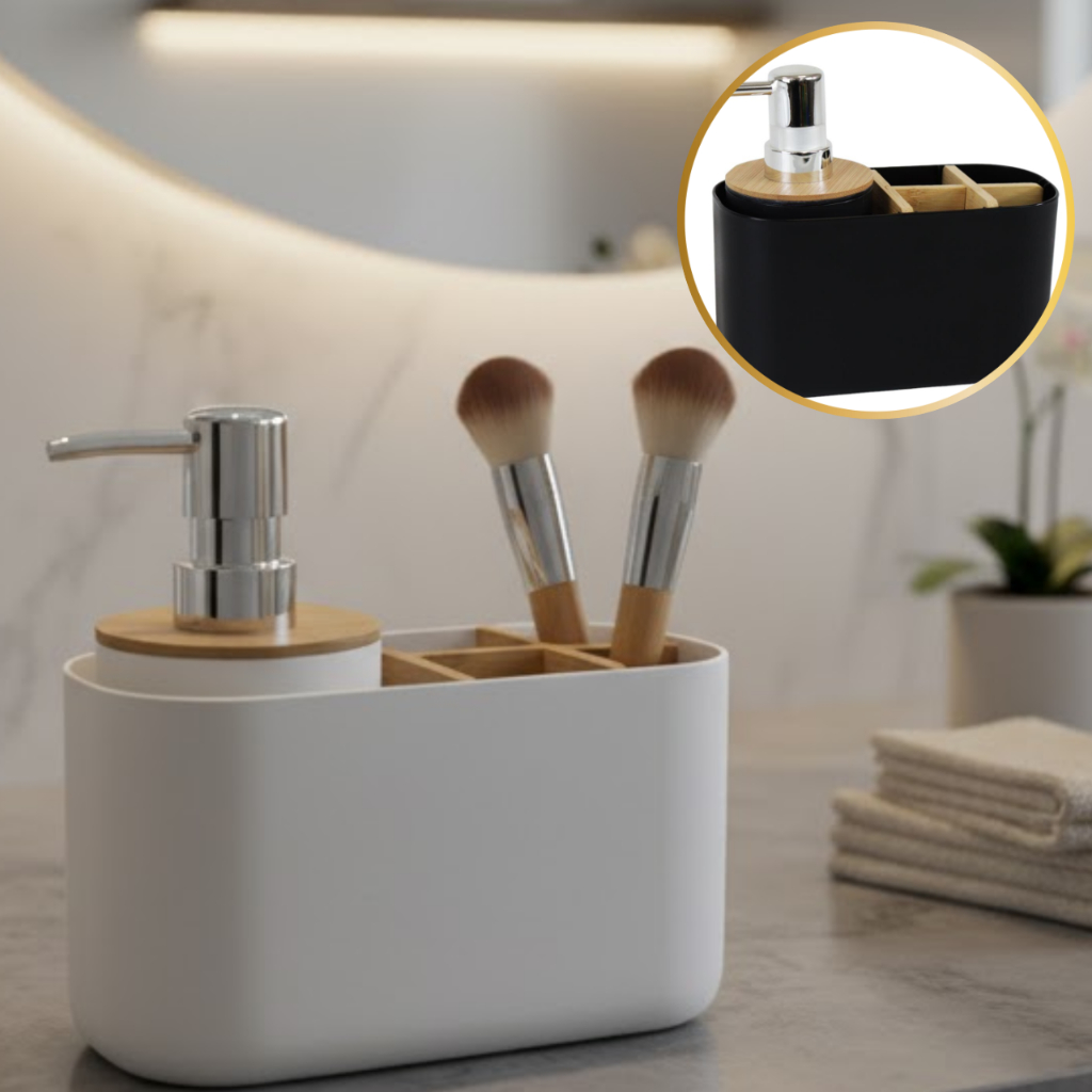 Kit Banheiro Organizador Porta Sabonete com Dispenser Acabamento Bambu