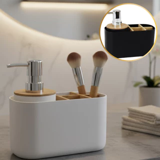 Kit Banheiro Organizador Porta Sabonete com Dispenser Acabamento Bambu