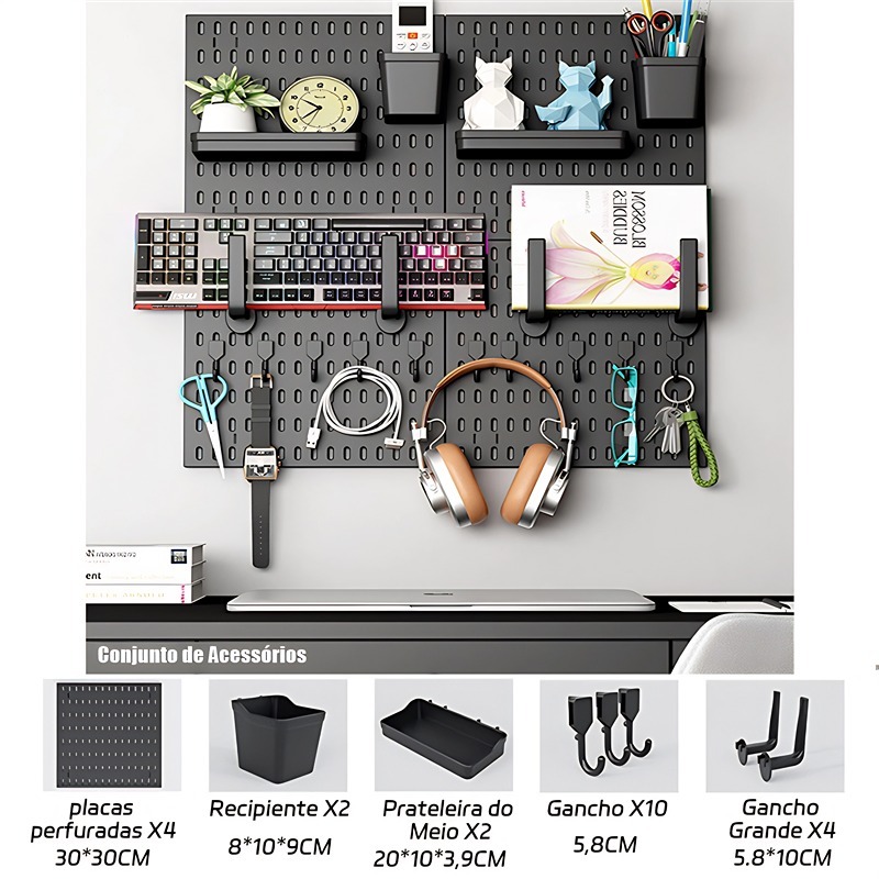 Kit Pegboard Modular com Acessórios – Organizador de Parede para Artesanato, Enfeites e Quarto Infantil