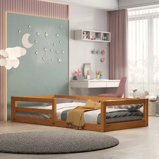Cama Solteiro Encanto de Madeira Maciça com Grade de Proteção – Design Moderno e Seguro 195x95cm em Oferta na Shopee
