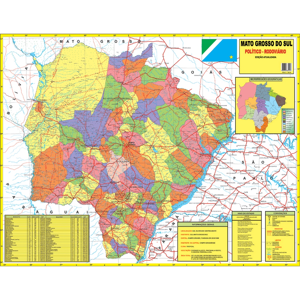 Mapa de Mato Grosso do Sul – Político e Rodoviário 120x90cm | Shopee Brasil