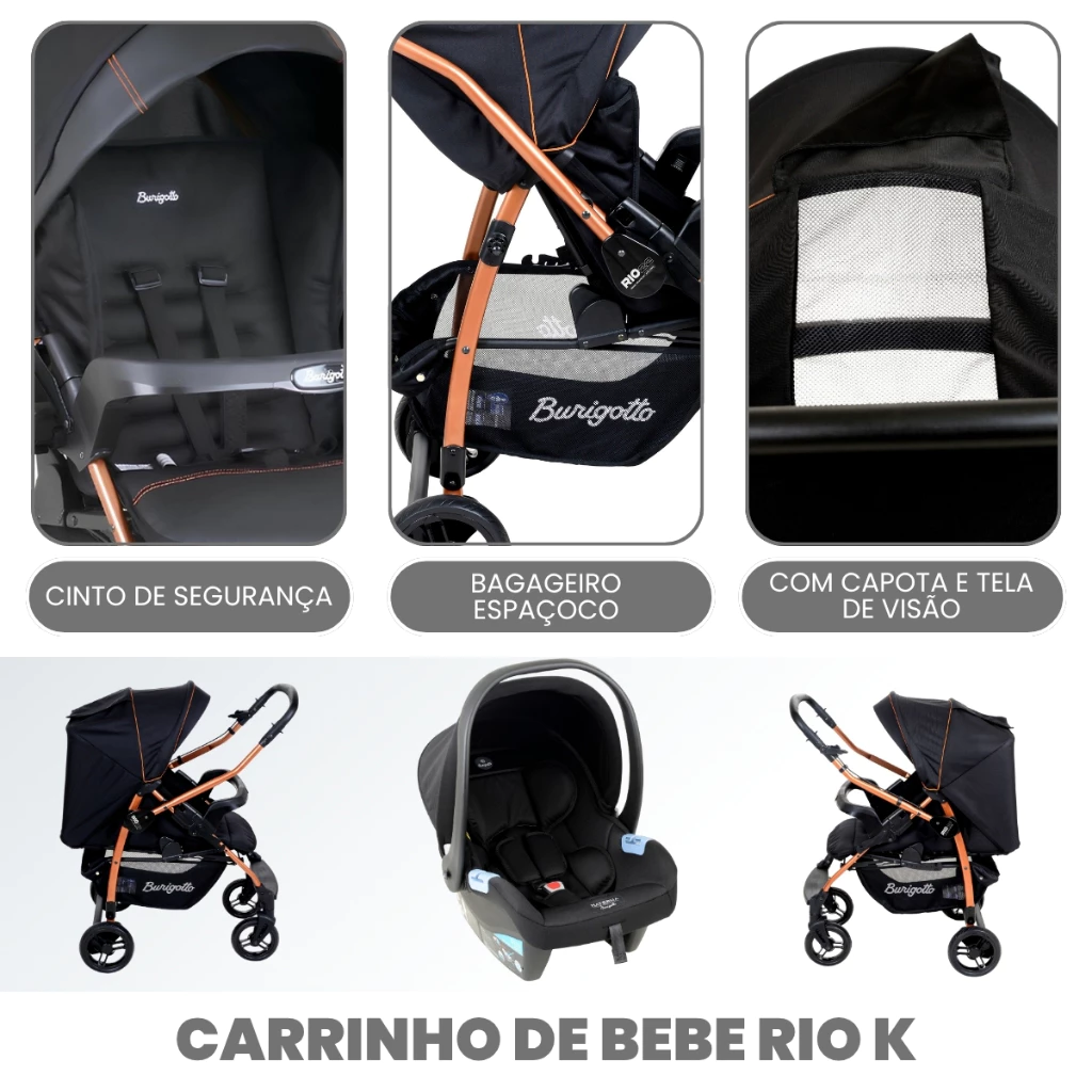 Carrinho de Bebê Travel System Burigotto Rio K com bebê conforto Mon Amour