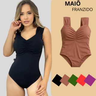 Maiô Body Feminino Moda Praia Bojo Franzido Alça Larga Forrado De Banho