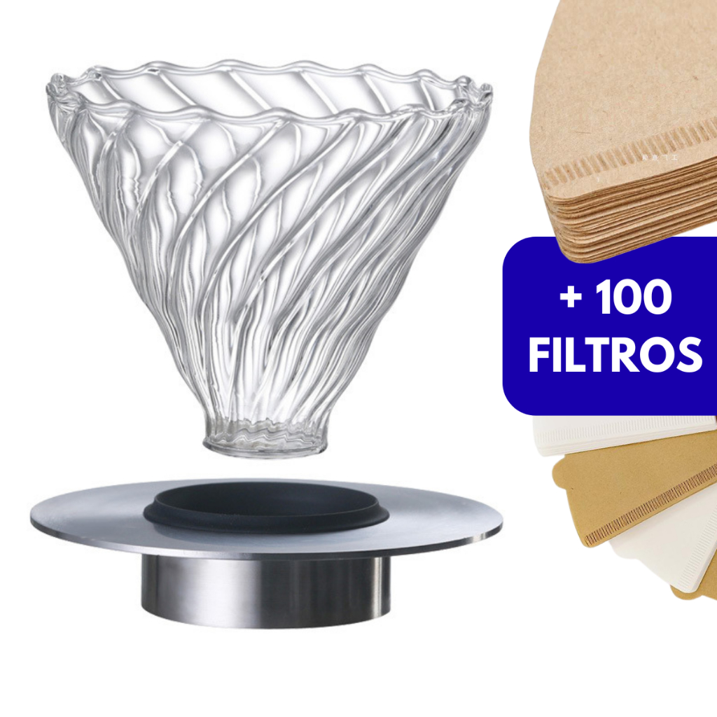Coador V60 de Vidro com Base Inox e Silicone + 100 Filtros | Shopee Brasil