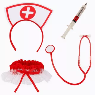 Kit Fantasia de Enfermeira Sexy Acessórios 4 Peças Para Festa Carnaval e Cosplay