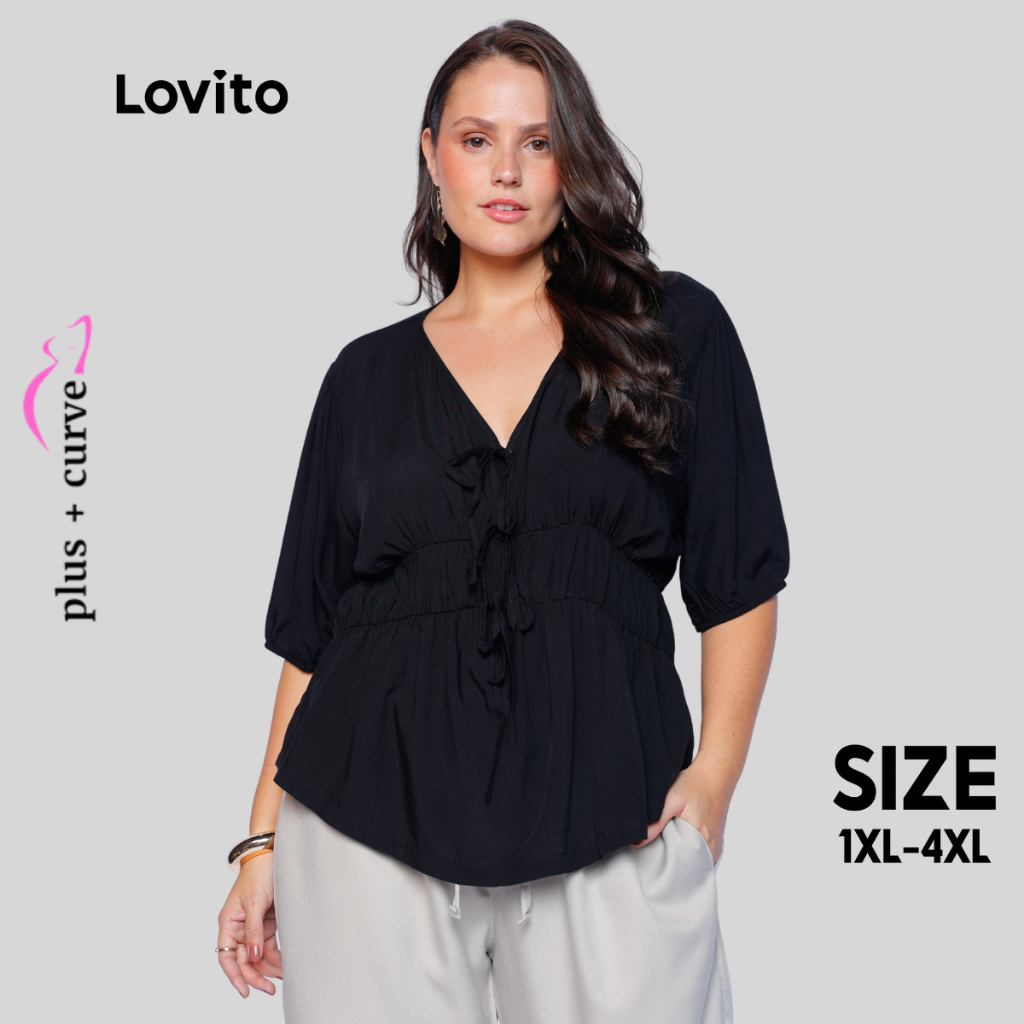 Lovito Blusa Feminina Plus Size Manga 3/4 Decote V com Amarração Nó Frontal LB269BRL298