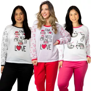 Pijama Feminino Dool Longo Baby Doll Estampado Longo Adulto Inverno Frio Calça Blusa Moda em Oferta na Shopee