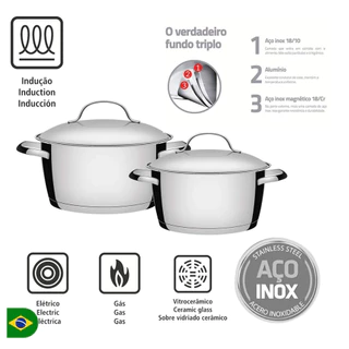 Jogo de Panelas Tramontina Allegra em Aço Inox com Fundo Triplo - 2 Peças