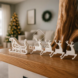 Trenó Natalino com 4 Renas Impressão 3D em PLA Decoração de Natal Moderna e Minimalista para Sala, Quarto e Escritório