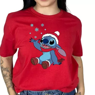 Camiseta Blusa Feminina Época Natalina Desenho Stitch Lilo Natal Algodão