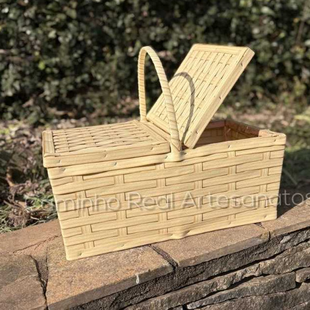 Cesta de Piquenique Grande em Madeira e Fibra Sintética - 43,5 x 26 x 18,5cm