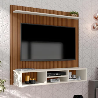 Painel Ripado para TV até 50" com Nicho Estante Espaçosa e Prateleira Rack Suspenso Quarto Sala