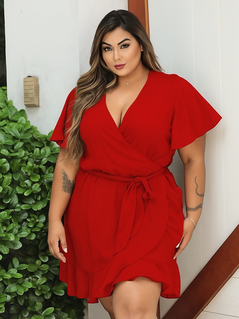 VESTIDO FEMININO PLUS SIZE TRANSPASSADO ENVELOPE MANGA MORCEGO AMARRACAO SOLTINHO VERMELHO E PRETO