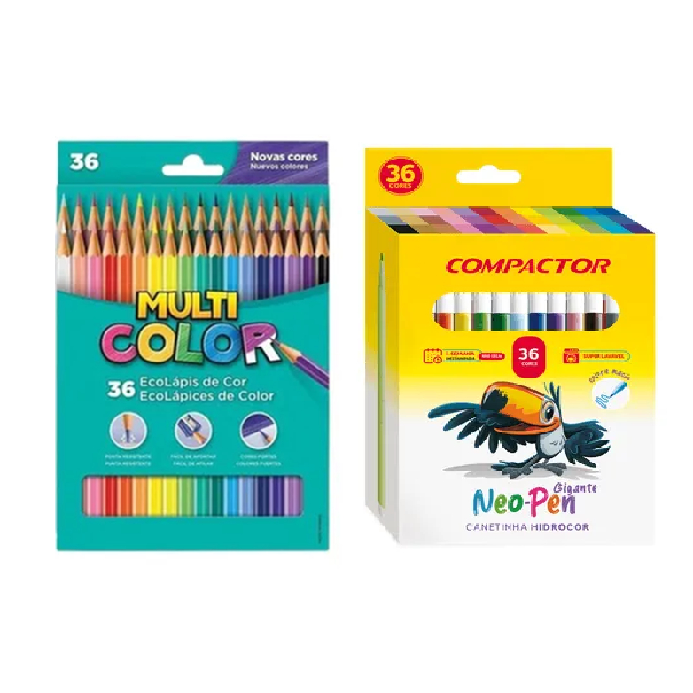 Kit Lapis De Cor Escolar Multicolor 36 Cores + Canetinha Hidrocor 36 Cores Compactor