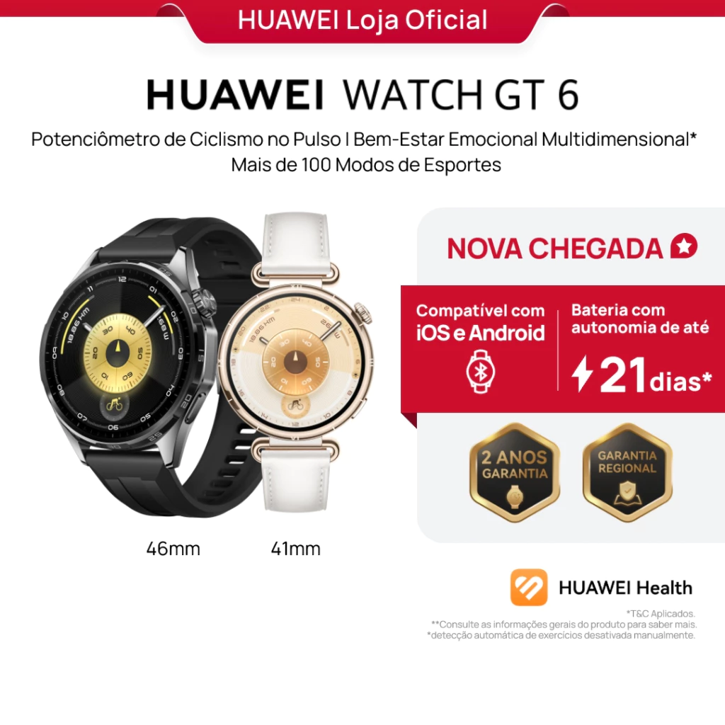 <img src="https://deo.shopeemobile.com/shopee/shopee-pcmall-live-sg/productdetailspage/d35d840bd7617cd29fc5.svg" alt="mall inline badge"> HUAWEI WATCH GT 6 Séries | Smartwatch Relogio | Potenciômetro de Ciclismo no Pulso | GPS Integrado<br>