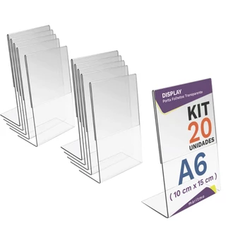 Kit com 20 Display Expositor Acrilico PS Cristal L Tamanho A6 10x15cm Vertical