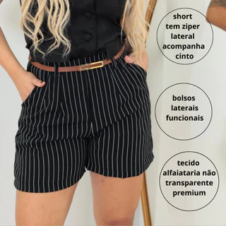 Short Alfaiataria feminino social Listrado com cinto, bolso e ziper na lateral verão 2025
