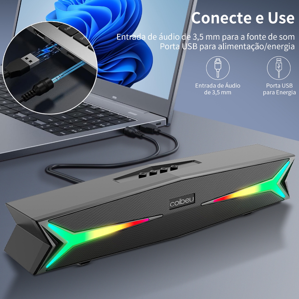 Caixa De Som Gamer 10W RMS Dual Speaker Soundbar RGB PC TV Som Estéreo ...