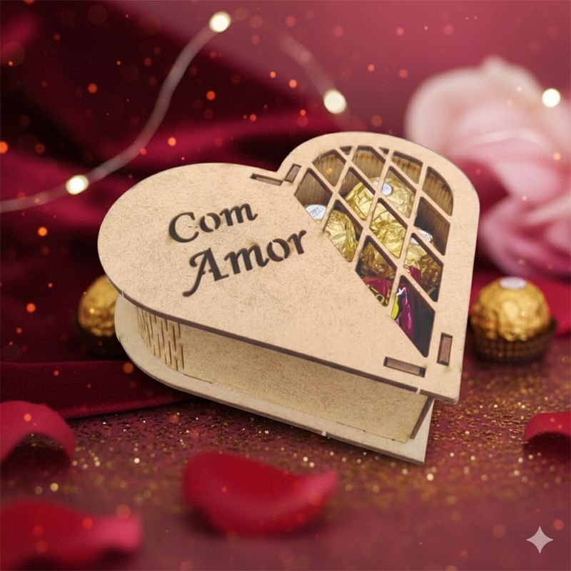 5 Caixas Coração 13 cm Para Bombom Com Amor, Lembrança, Presentes, MDF - Madeira