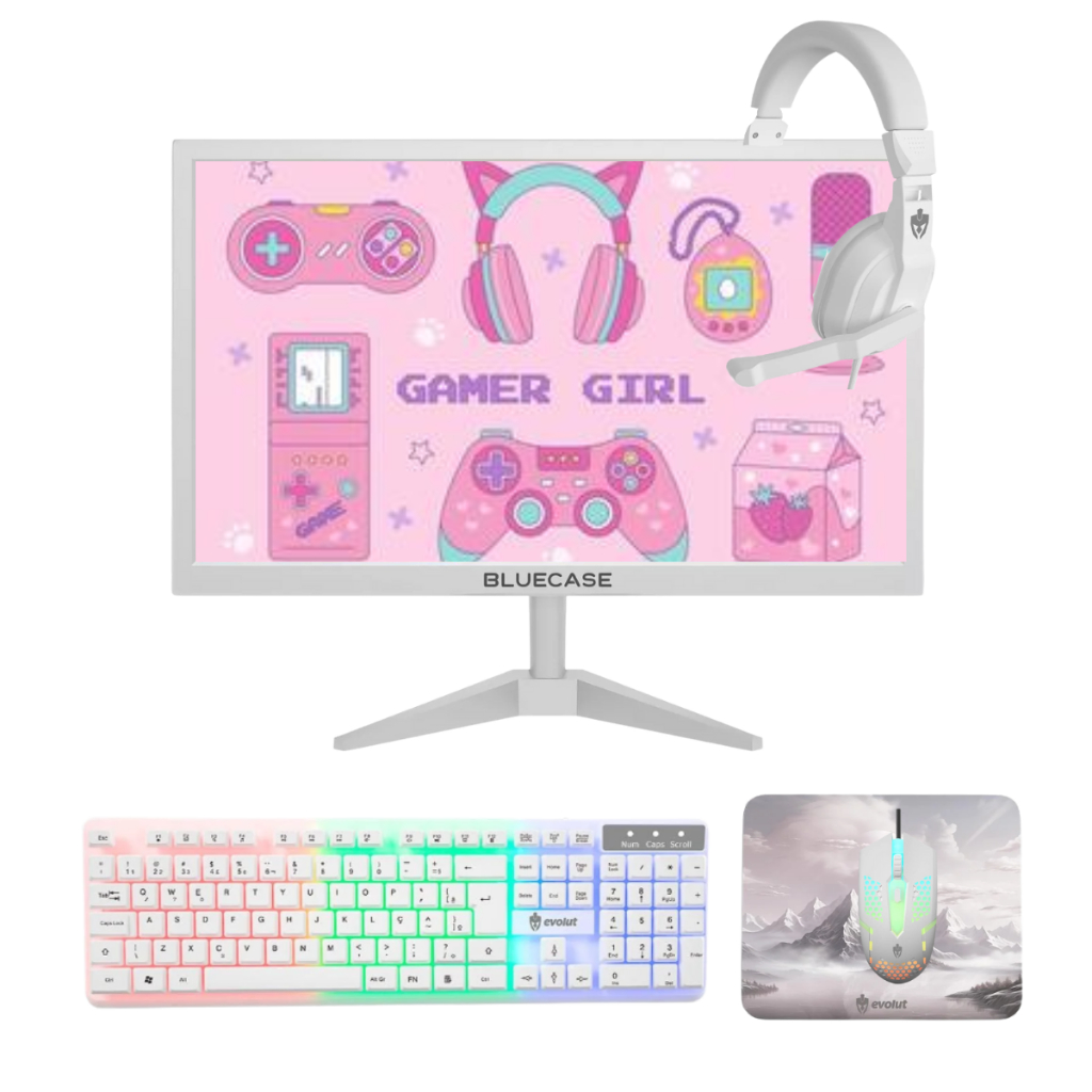 ゲーミングPCフルセット ピンク 21インチモニターとキーボードセット Kit Monitor 21'' Hdmi E Vga + Teclado, Mouse E Headset Branco/Rosa