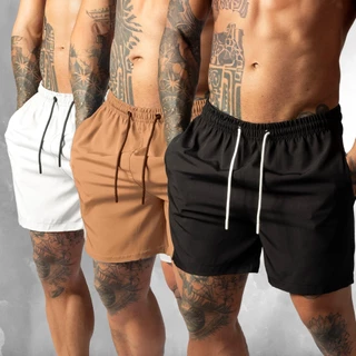 Kit 3 Shorts de Tactel Com Elastano Masculino Básico Liso Moda Praia do P ao G1
