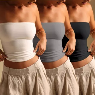 Kit 3 Blusas Femininas top Tube Tomara que Caia Busto Forrado com Elástico para Sustentação