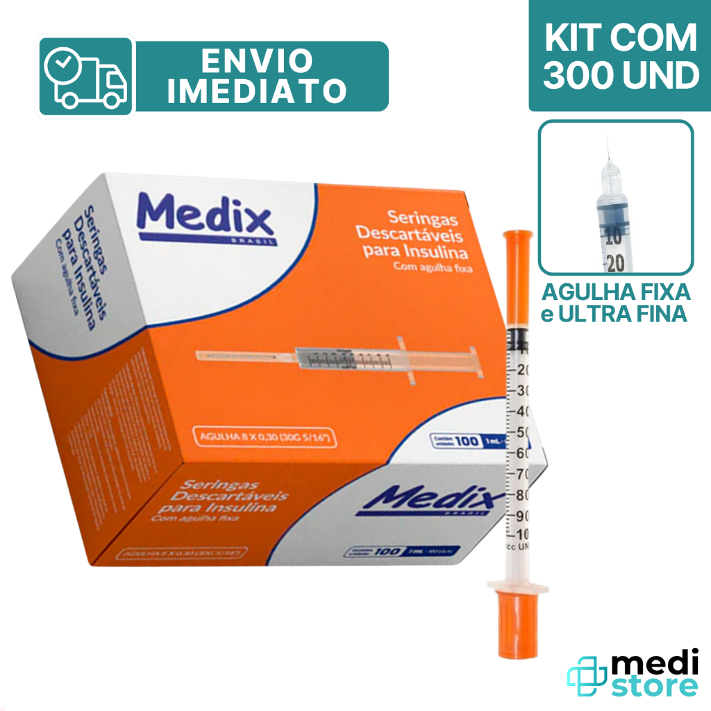 Kit com 300 - Seringa para Insulina 1mL com Agulha 12,7x0,33mm - Envio ...