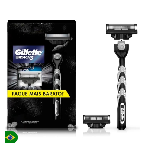 Aparelho Recarregável + 2 Carga Para Barbear Gillette Mach3 Carbono