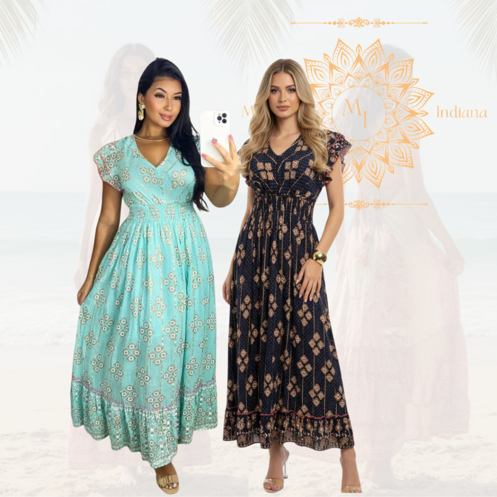 Vestido Longo Indiano Feminino com Bordado Com Decote Manga Curta ...