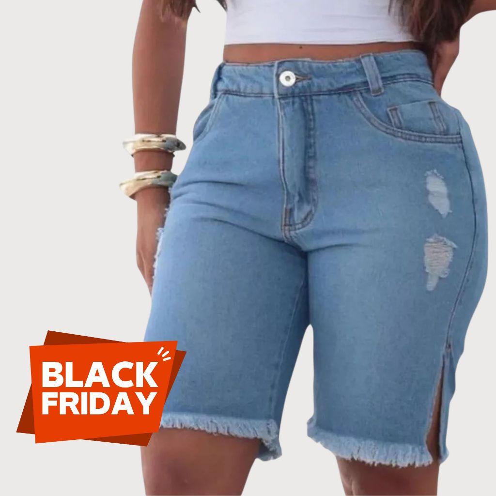 BERMUDA JORTS JEANS FEMININO COM RASGO ABERTURA LATERAL
