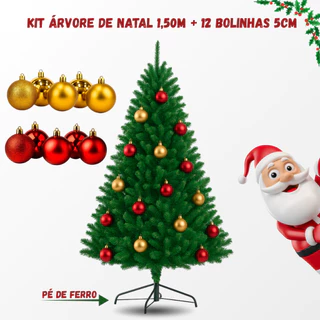 Kit Arvore de Natal Verde 150cm 400 Galhos Cheia Luxo + 12 Bolinhas 5cm Decoração Festas