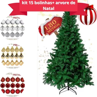Árvore Pinheiro Verde de Natal Tradicional 1,8 400 Galhos Arvore Decoração de Natal + Kit C/15 Bolas De Natal com Glitte