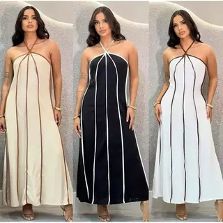 Vestido Longo Feminino Premium Frente Única Listrado Longo Tendência Amarração H-13 em Oferta na Shopee