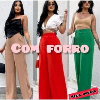 Calça GG Feminina Pantalona Com FORRO Wide Leg Duna com Botão Tendência lisa