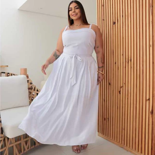 Vestido longo feminino plus size de alça tecido liso e estampado com forro em Oferta na Shopee