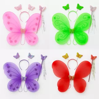 Kit Fantasia Asa de Borboleta + Varinha + Tiara Cosplay Princesa Fada Menina Festa Carnaval