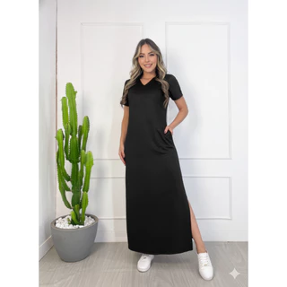 Vestido Longo de Manga Feminino em Suede com Bolsos laterais. em Oferta na Shopee