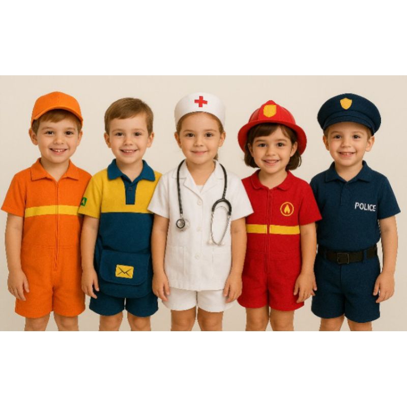 Fantasia infantil PROFISSÕES policial, bombeiro, SAMU, Gari, carteiro ...