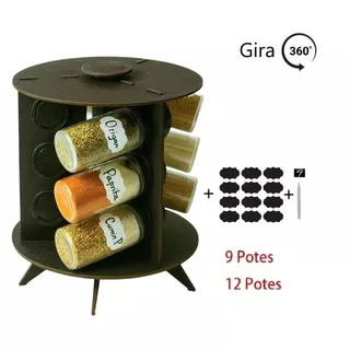 Porta Tempero Giratorio + 12 Potes + Caneta + Adesivos Suporte Especiarias MDF 360 Graus