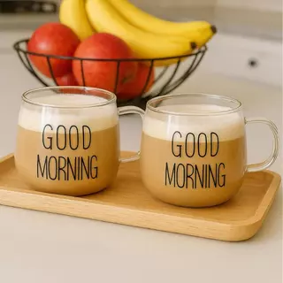 KIT 2 XICARA VIDRO TRASPARENTE GOOD MORNING 350ML CANECA CHÁ CAFÉ GOURMET LOUÇA MESA COPO COZINHA